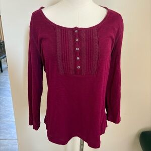 Chaps 3/4 Sleeve Pin-tucked Square Neck Top Womens L Burgundy Lace Button Cotton